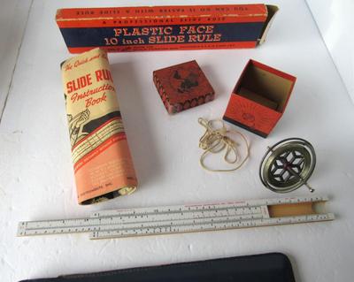 Old Gyroscope in Original Box and Vintage Plastic Face Slide Rule in Original Box