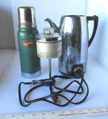 Old Stainless Steel Stanley Thermos and Old Coffee Pot