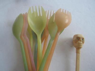 Vintage Tupperware Long Sporks and Skull Swizzle Stick