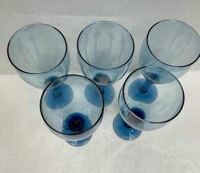 Blue Glass Stemware Set of 5 Water Goblets