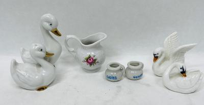 Ceramic Lot - ducks, swans, miniature tea set pieces