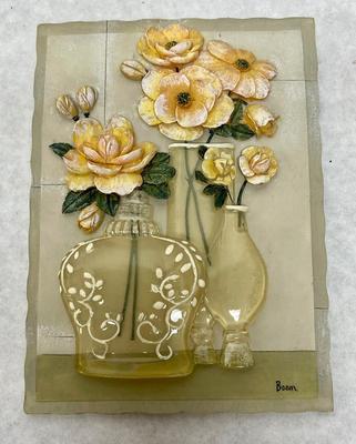 Set Of 3 Vintage 3D Wall Art Tiles by Boem Flowers Acrylic & Ceramic 1950s