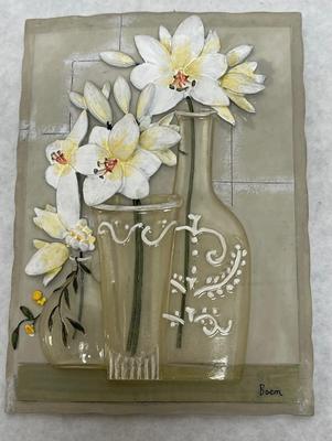Set Of 3 Vintage 3D Wall Art Tiles by Boem Flowers Acrylic & Ceramic 1950s