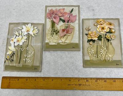 Set Of 3 Vintage 3D Wall Art Tiles by Boem Flowers Acrylic & Ceramic 1950s