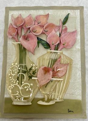 Set Of 3 Vintage 3D Wall Art Tiles by Boem Flowers Acrylic & Ceramic 1950s