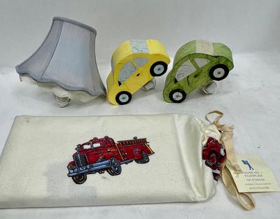 Red Fire Engine No 1 Pillowcase plus 3 plug in cars & lampshade nightlights