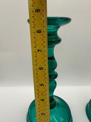 Uranium Teal Glass Candle Holders