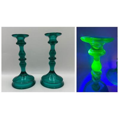 Uranium Teal Glass Candle Holders