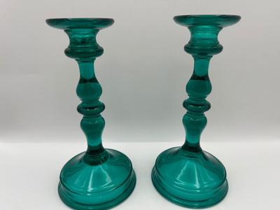 Uranium Teal Glass Candle Holders