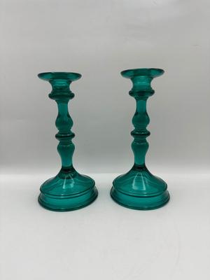 Uranium Teal Glass Candle Holders