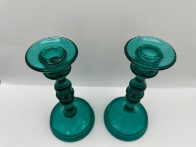 Uranium Teal Glass Candle Holders