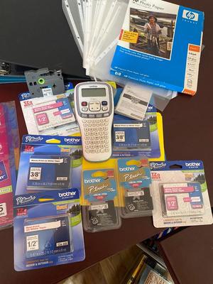 BROTHER P-TOUCH ELECTRONIC LABELING SYSTEM WITH LOTS OF LABELS AND OTHER OFFICE SUPPLIES