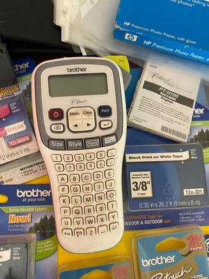BROTHER P-TOUCH ELECTRONIC LABELING SYSTEM WITH LOTS OF LABELS AND OTHER OFFICE SUPPLIES