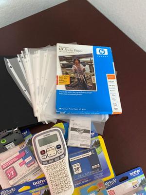 BROTHER P-TOUCH ELECTRONIC LABELING SYSTEM WITH LOTS OF LABELS AND OTHER OFFICE SUPPLIES
