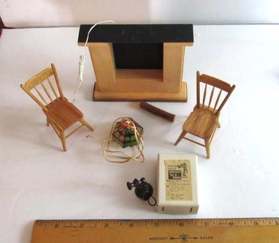 Vintage Doll House Furniture and Wired Fireplace and Lamp