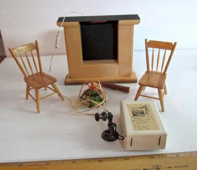 Vintage Doll House Furniture and Wired Fireplace and Lamp