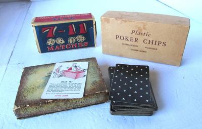 Vintage Poker Chips, 1939 Playing Cards, Box Wood Stick Matches