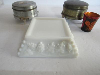 2 Old Metal Covered Boxes, Westmoreland Paneled Grape Ashtray