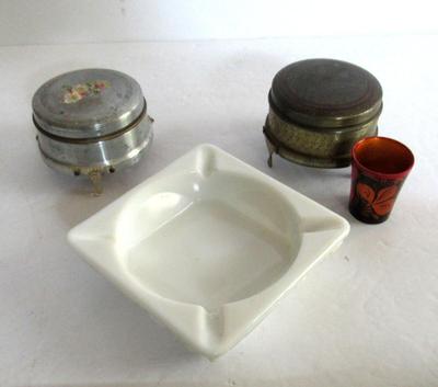 2 Old Metal Covered Boxes, Westmoreland Paneled Grape Ashtray