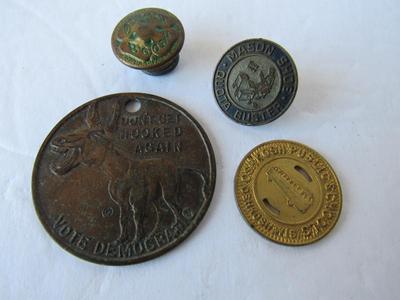 Vintage Advertising Pins: Oshkosh b'Gosh and Mason Shoes/Tokens: Oshkosh School Bus, Democrats