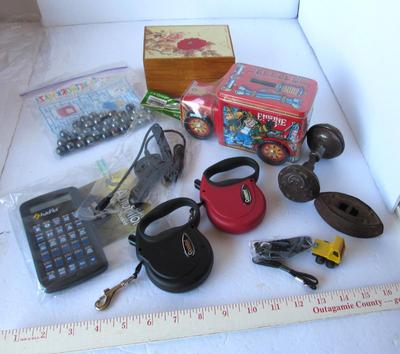 Mystery Lot: Music Box, Tin Truck Box, Dog Leashes, Antique Door Knob, More