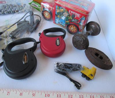Mystery Lot: Music Box, Tin Truck Box, Dog Leashes, Antique Door Knob, More
