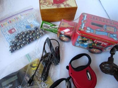 Mystery Lot: Music Box, Tin Truck Box, Dog Leashes, Antique Door Knob, More