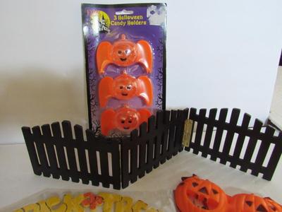 Misc Halloween Lot Wood Ornaments, Plastic Glasses, More