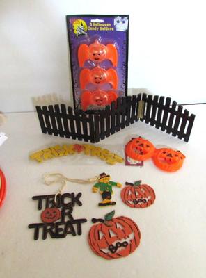Misc Halloween Lot Wood Ornaments, Plastic Glasses, More
