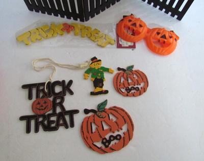 Misc Halloween Lot Wood Ornaments, Plastic Glasses, More