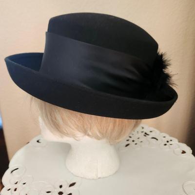 Amanda Smith Black Pillbox with black bow and feather