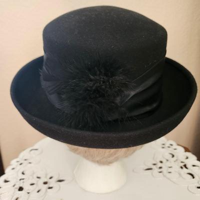 Amanda Smith Black Pillbox with black bow and feather