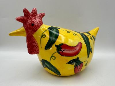 VTG 1999 Chicken Yellow w/ Red Green Chile Peppers CBK Ltd. Ceramic Rooster