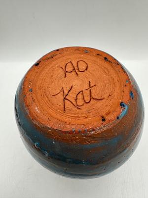 Signed Blue Glazed Pottery Vase
