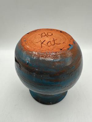Signed Blue Glazed Pottery Vase