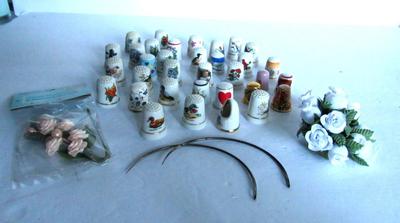 Large Lot Porcelain and Other Thimbles, Little Fabric Flowers, Curled Needles