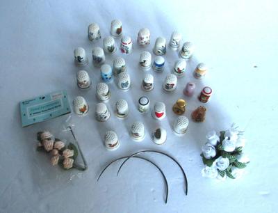 Large Lot Porcelain and Other Thimbles, Little Fabric Flowers, Curled Needles