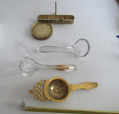 Lot of Old Glass Ladles, Tea Strainer, Cup/Saucer Holder
