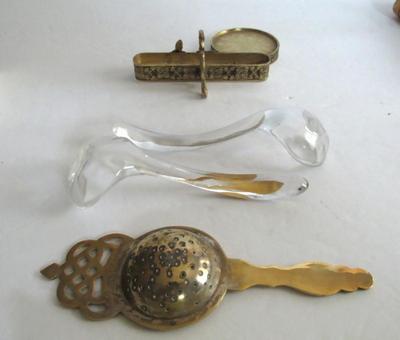 Lot of Old Glass Ladles, Tea Strainer, Cup/Saucer Holder