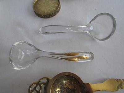 Lot of Old Glass Ladles, Tea Strainer, Cup/Saucer Holder