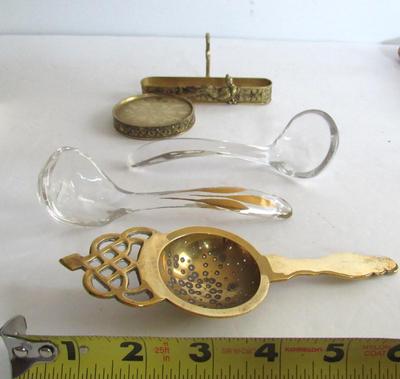 Lot of Old Glass Ladles, Tea Strainer, Cup/Saucer Holder
