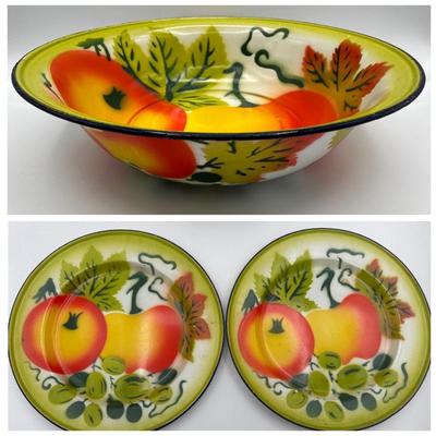 1960s Metal Enamelware Fruit Serving Bowl & (3) Platters