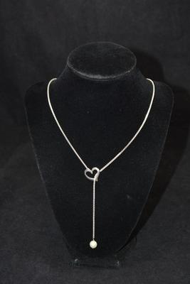 925 Sterling Heart Lariat Necklace w/ Cultured Pearl 20”, 3.4g