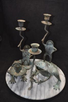 Lot of 4 Vintage Brass Frog Candleholders 11”/4.5”