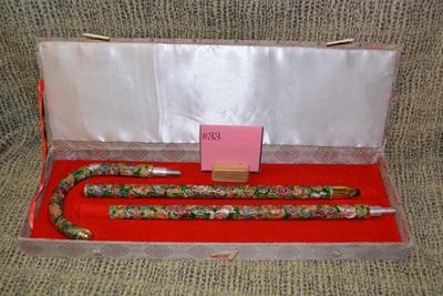 Vintage 33” 3 Section Cloisonne Cane w/ Beautiful Case, China