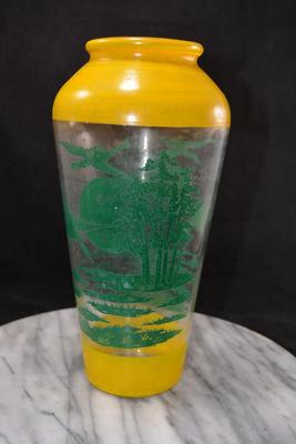 WWII Era Asian Glass Vase w/ Moon, Birds & Trees 10”