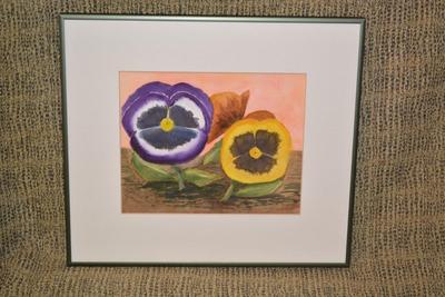 Original Framed & Matted Watercolor Pansy Faces by Lotte D.