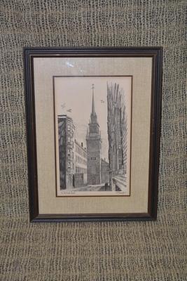 Framed & Matted “The Old North Church” Lithograph, 1974 by R.E. Kennedy