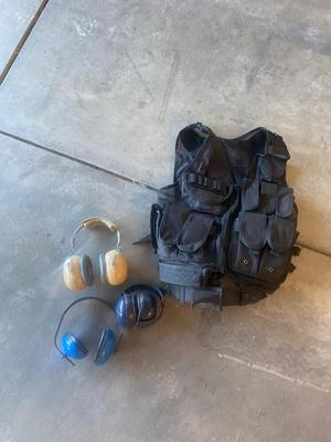 HUNTING/TACTICAL VEST AND A FEW DIFFERENT SETS OF HEARING PROTECTION