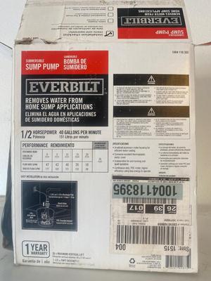 NIB EVERBILT 1/2HP, 40 GPM SUMP PUMP